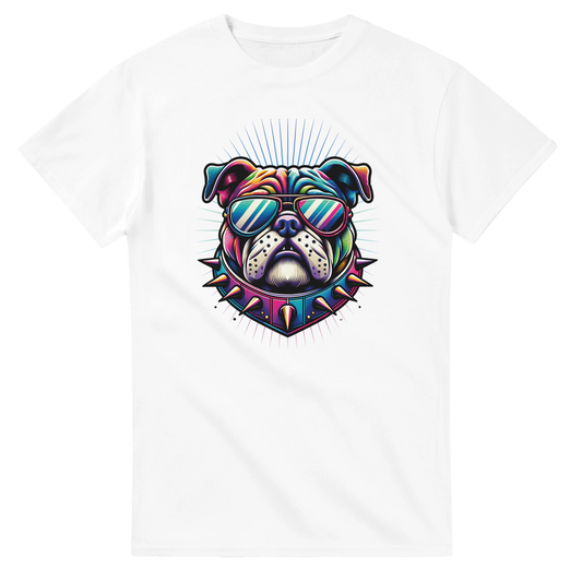 Colorful bulldog graphic wearing sunglasses and a spiked collar on a white women's T-shirt.