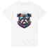 Colorful bulldog graphic wearing sunglasses and a spiked collar on a white women's T-shirt.
