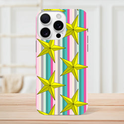 Retro iPhone case with bright yellow 3D stars on multi-colored vertical stripes, featuring tough protective design for daily use.