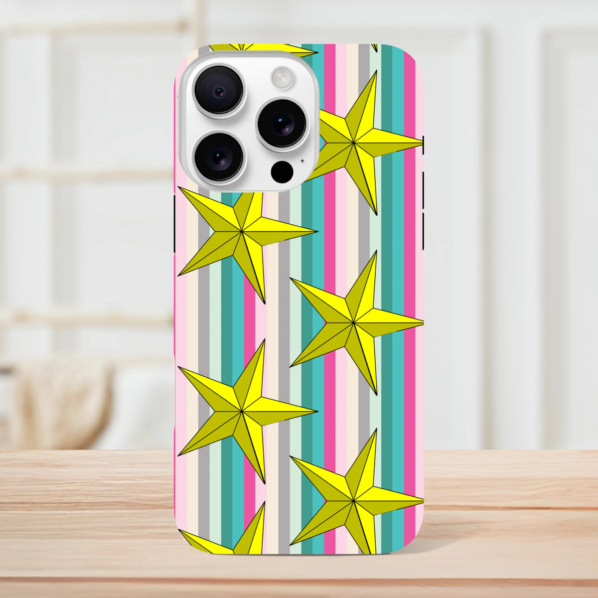 Retro iPhone case with bright yellow 3D stars on multi-colored vertical stripes, featuring tough protective design for daily use.