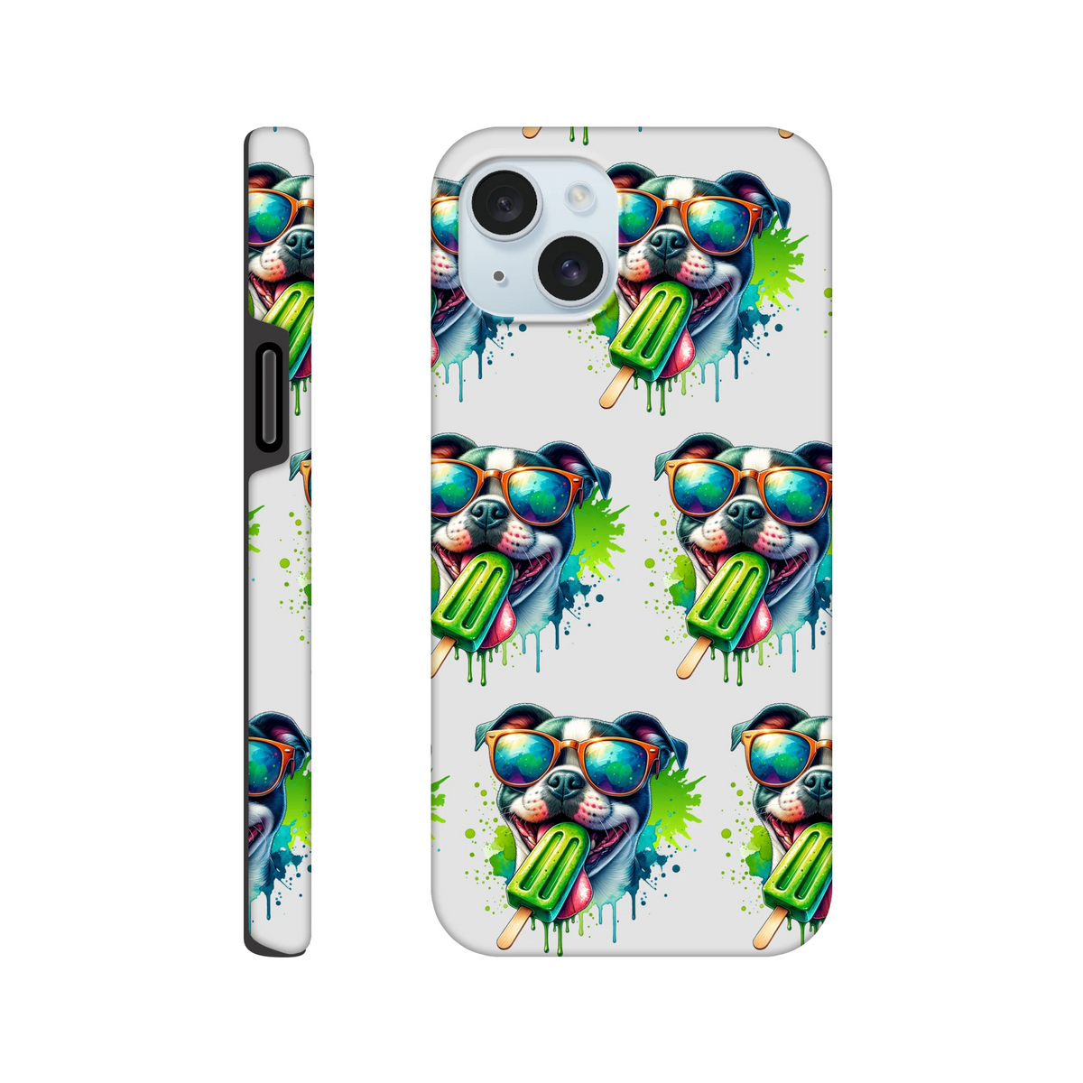 Chill Dog dual-layer phone case with wraparound print of sunglasses-wearing dogs and popsicles for iPhone 16-13