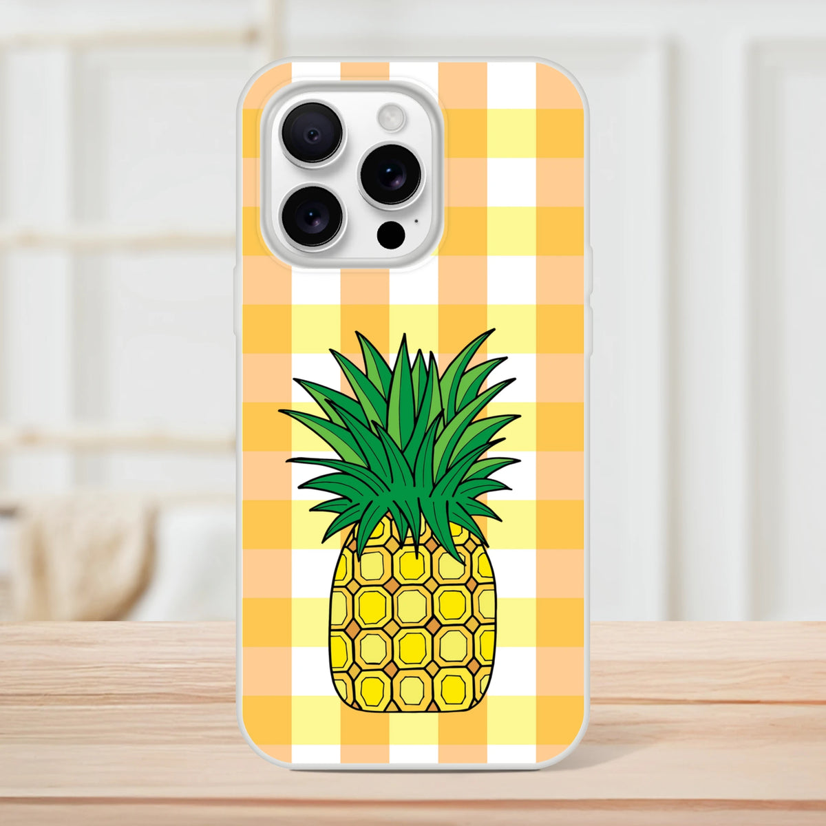 Cute Pineapple Gingham iPhone Case for 13-16 with pineapple on orange-yellow gingham, summer aesthetic.