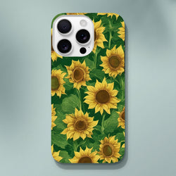 Tough iPhone case featuring a vibrant sunflower floral pattern with yellow blooms and green leaves on a dark background.