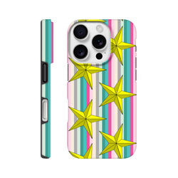 Retro iPhone case with yellow stars and pastel vertical stripes. Tough TPU phone cover for daily protection and street-style aesthetic.
