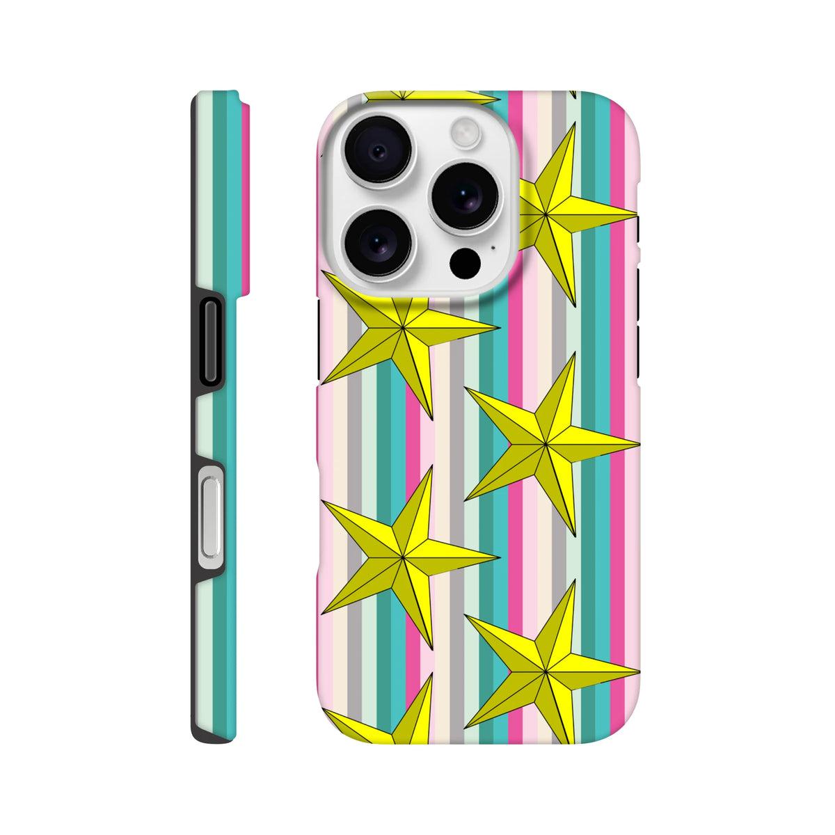 Retro iPhone case with yellow stars and pastel vertical stripes. Tough TPU phone cover for daily protection and street-style aesthetic.