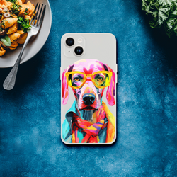 Colorful dog illustration on a transparent, slim iPhone case for iPhone 13-16 with yellow glasses and scarf.