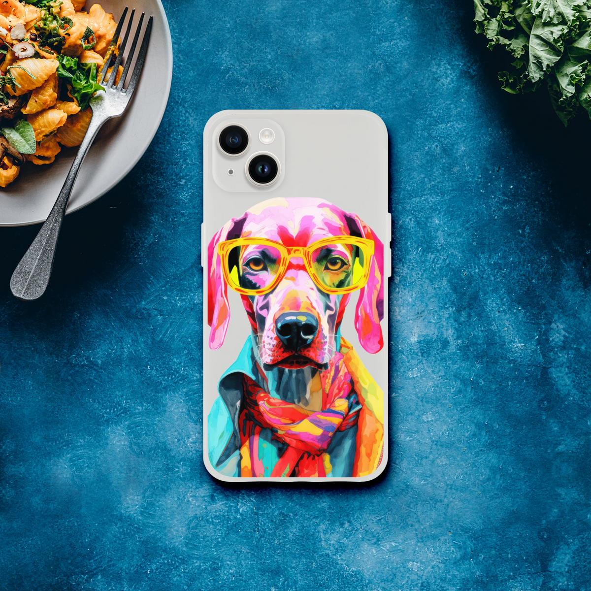 Colorful dog illustration on a transparent, slim iPhone case for iPhone 13-16 with yellow glasses and scarf.