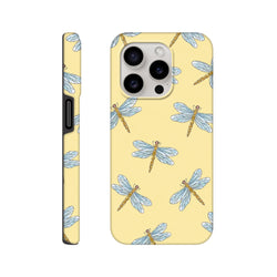 Yellow dragonfly phone case with blue wing pattern on pale background. Durable protective cover for iPhone 13-16 series.