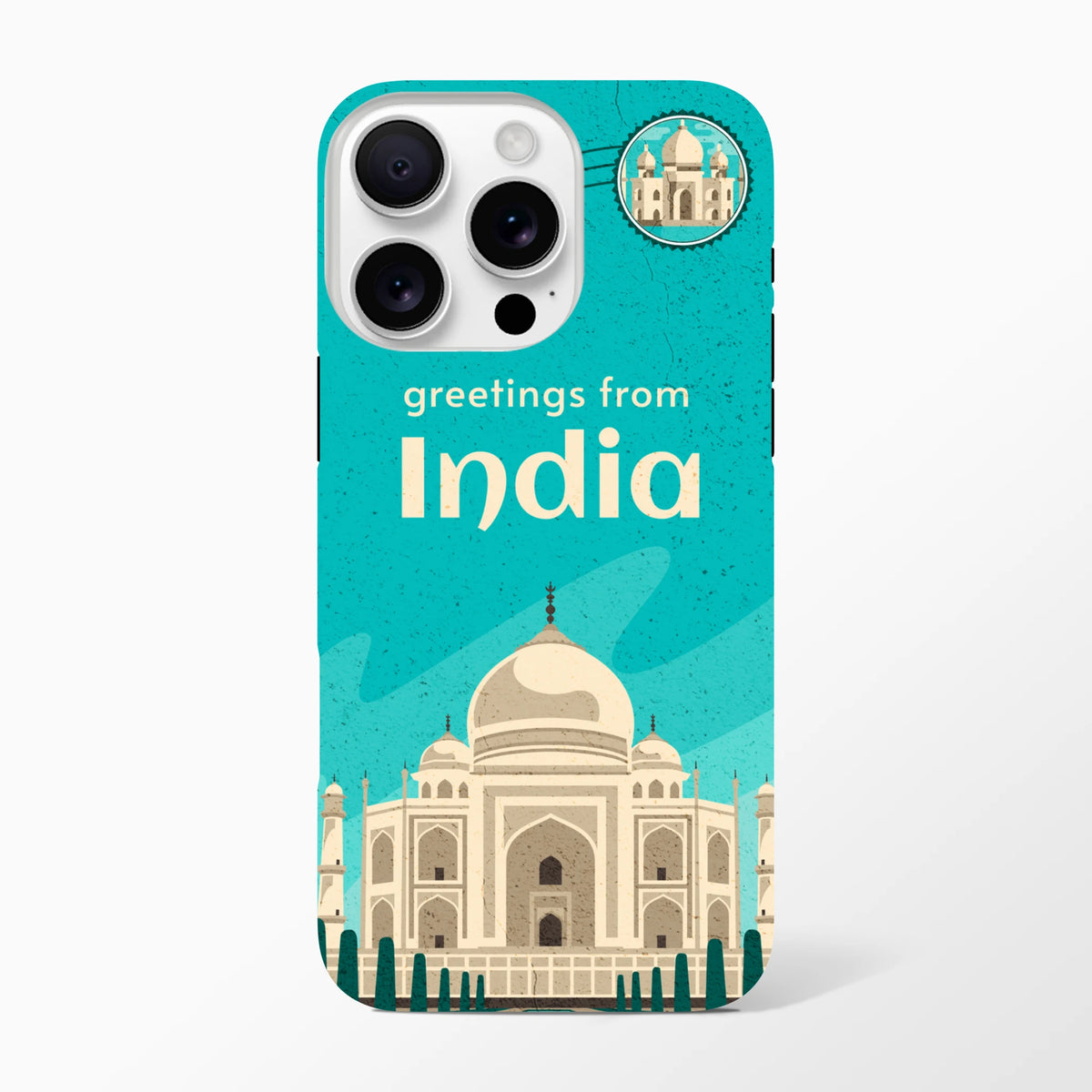 India Taj Mahal postcard wraparound tough iPhone case for iPhone 13-16, turquoise travel cover.