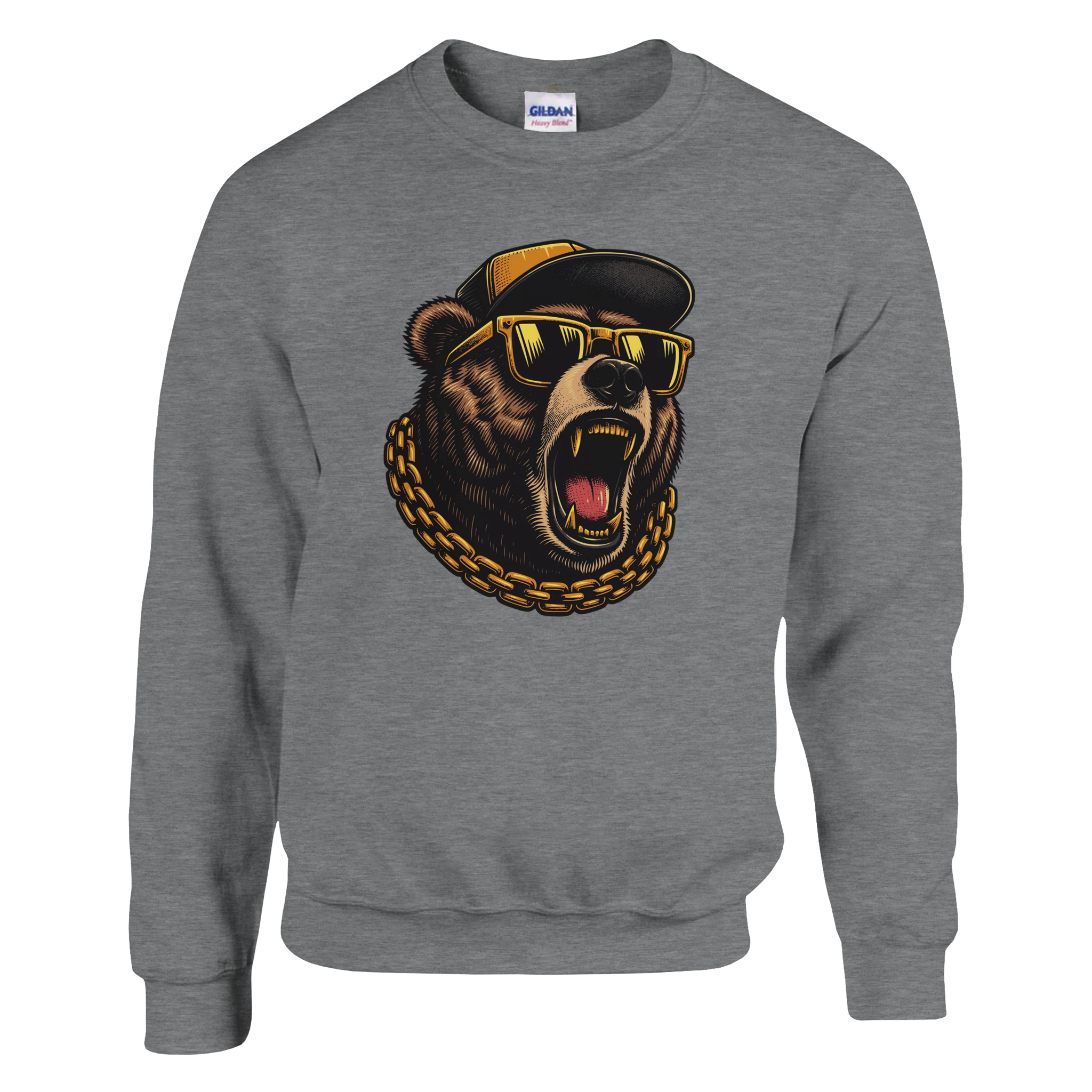Gray Grizzly Bear men's graphic sweatshirt featuring a roaring bear wearing yellow sunglasses and a gold chain.