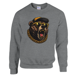 Gray Grizzly Bear men's graphic sweatshirt featuring a roaring bear wearing yellow sunglasses and a gold chain.