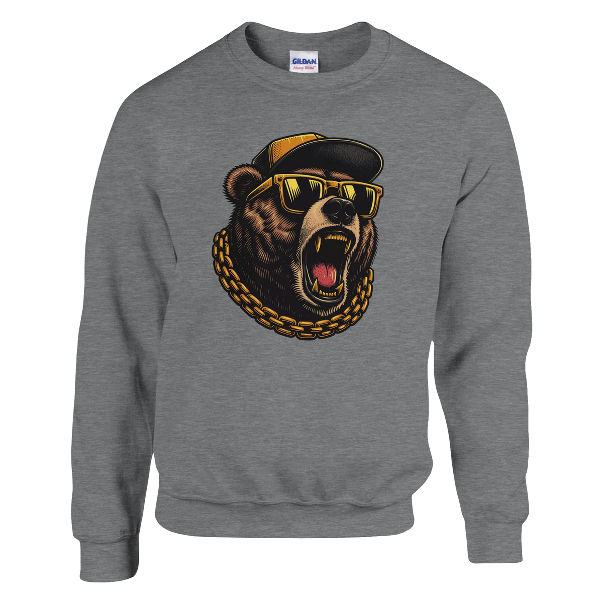 Gray Grizzly Bear men's graphic sweatshirt featuring a roaring bear wearing yellow sunglasses and a gold chain.
