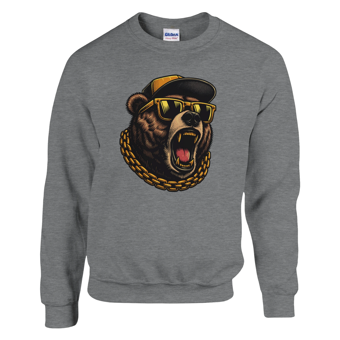 Gray men's graphic sweatshirt with a bear graphic wearing sunglasses and a cap on a white background