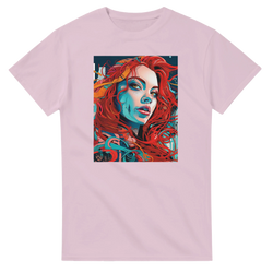 Light pink men's t-shirt featuring a bold artistic streetwear graphic of a redheaded woman with vibrant blue shading and flowing hair.