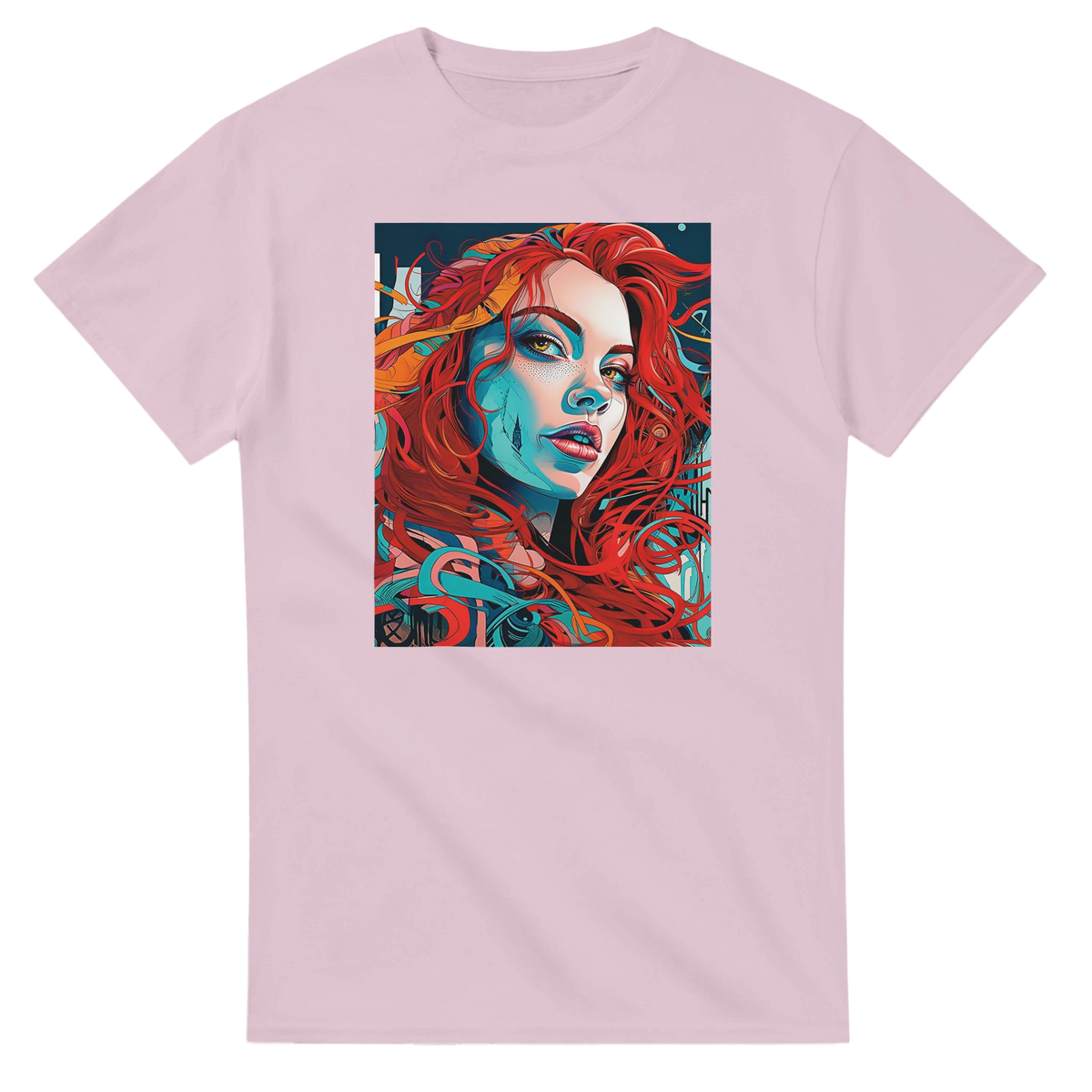 Light pink men's t-shirt featuring a bold artistic streetwear graphic of a redheaded woman with vibrant blue shading and flowing hair.