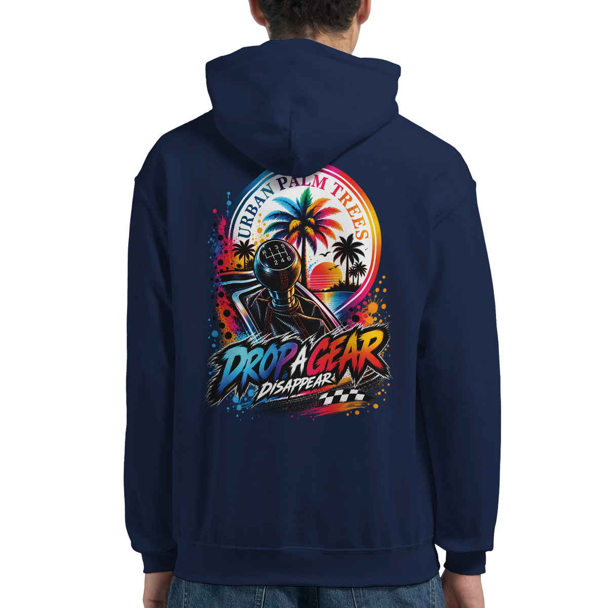 Navy men's hoodie back featuring colorful "Drop A Gear" graphic with manual shifter, palm trees, and sunset.