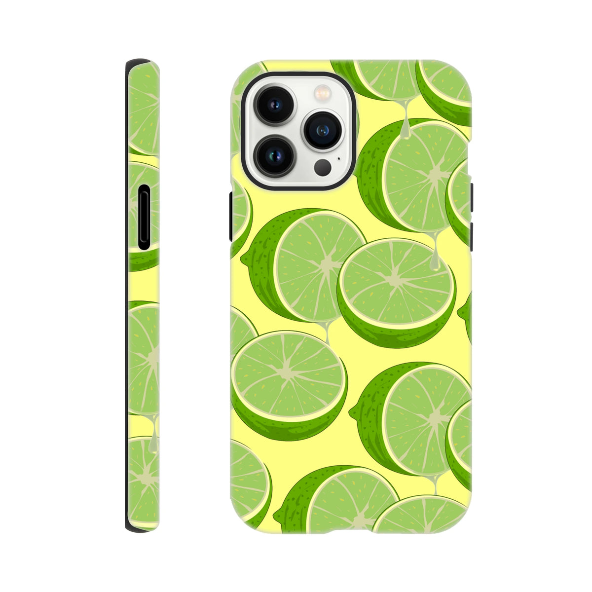 Fresh green lime slice pattern phone case on yellow background. Durable citrus cover for iPhone 13-16 protection and streetwear style.
