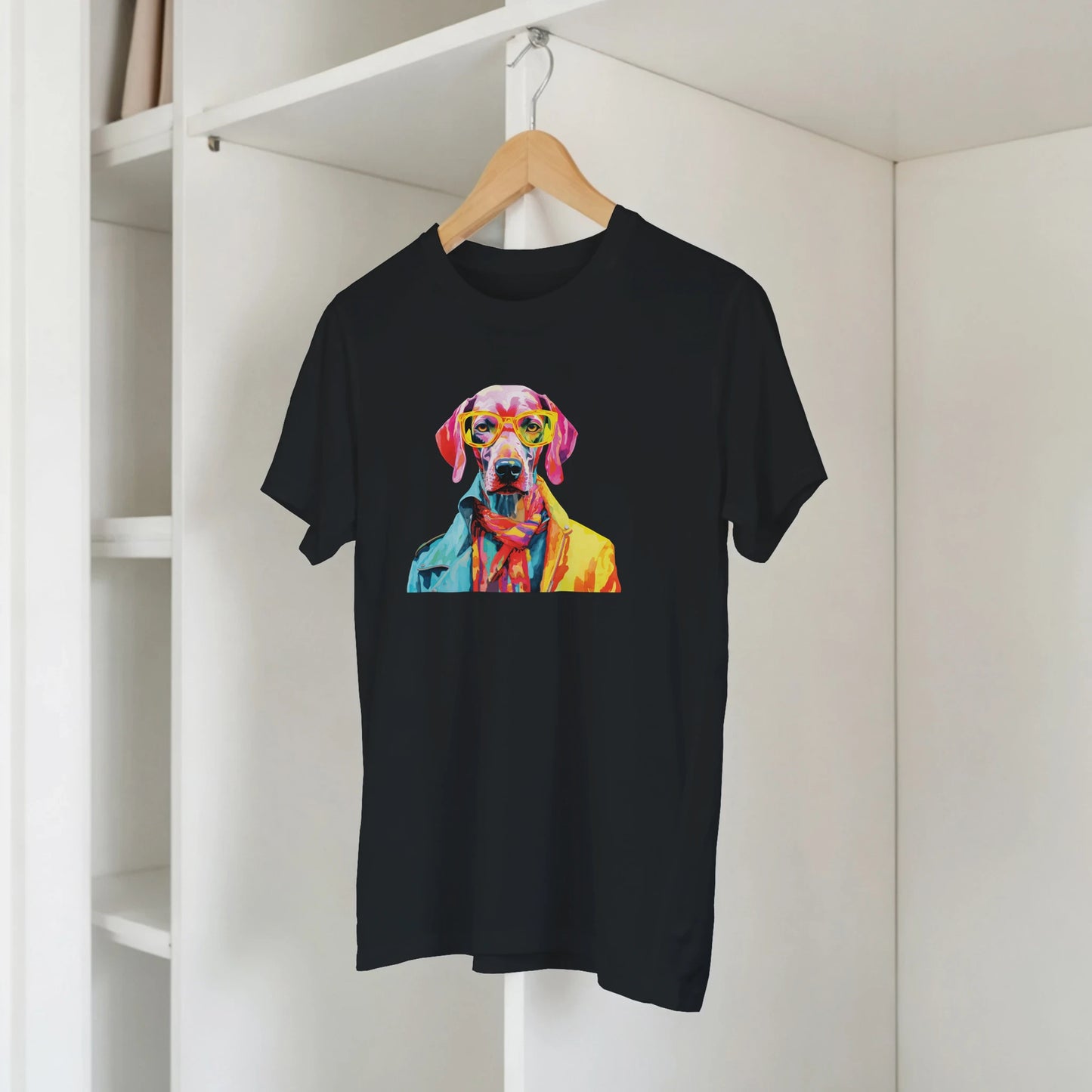 Black T-shirt featuring a neon colorful dog portrait wearing yellow glasses.