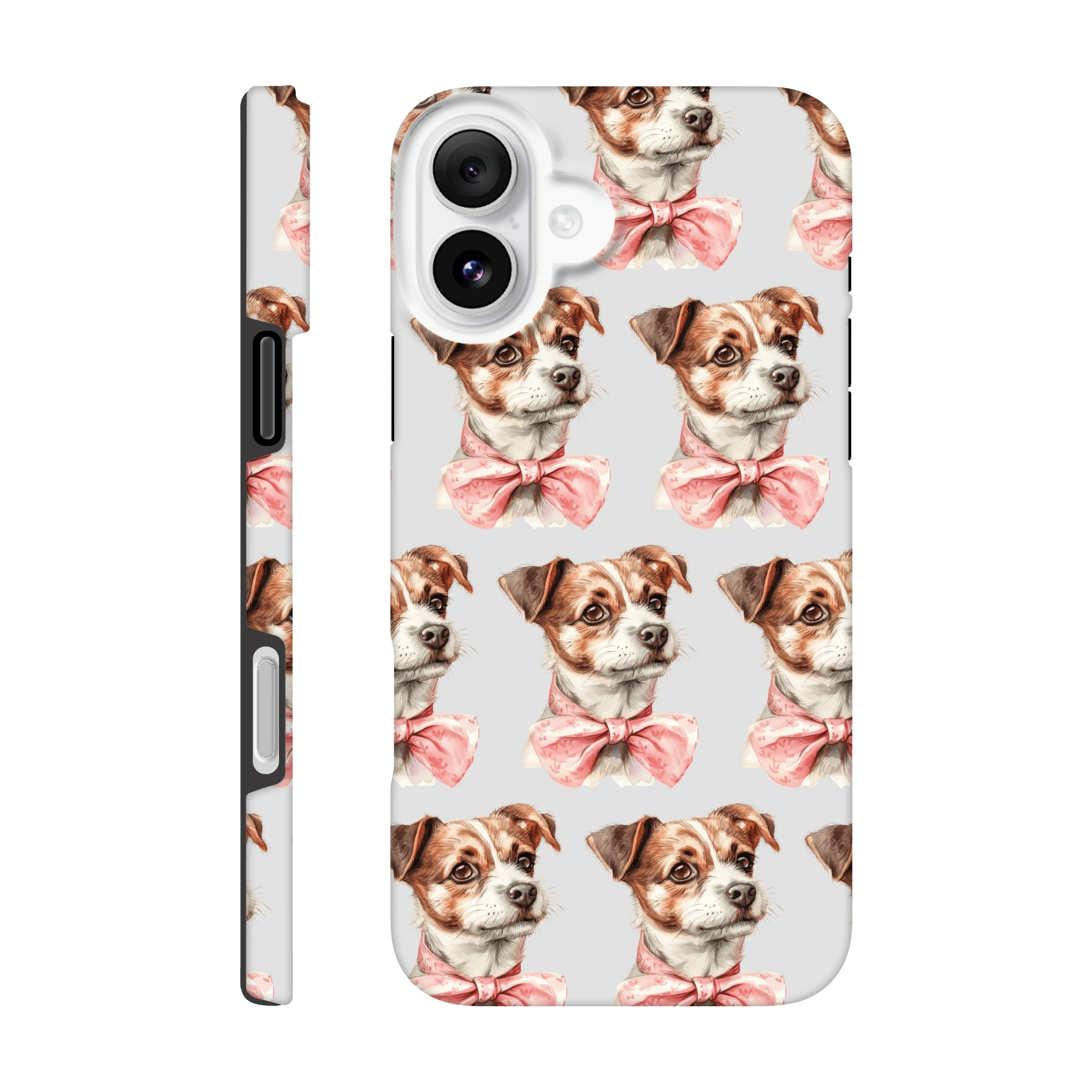 Double-layer glossy iPhone case with repeating brown-and-white dogs wearing pink bows for iPhone 16/15/14/13