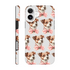Double-layer glossy iPhone case with repeating brown-and-white dogs wearing pink bows for iPhone 16/15/14/13