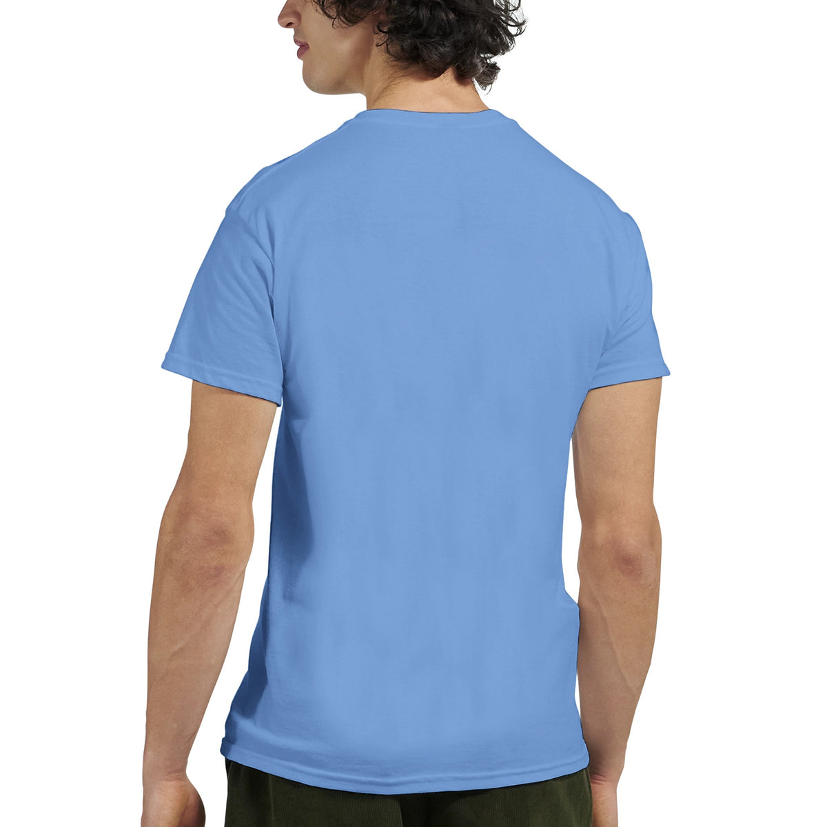 Back view of a man wearing Hype Men's Graphic T-Shirt in light blue soft cotton-blend fabric.