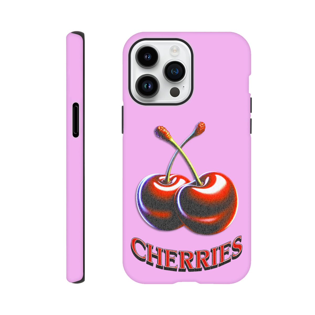 Pink iPhone case featuring glossy retro cherries and bold text. Y2K fruit design offering tough protection for daily use.