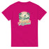 Pink Tropical Surf Women's Graphic T-Shirt with palm trees, surfer on a wave, sunset, and 'Enjoy The Waves'.