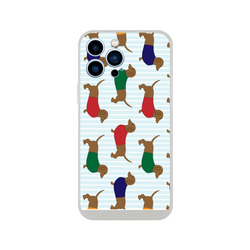 Sausage dog dachshund pattern iPhone case for 13-16, slim matte shell with dachshund silhouettes on blue stripes.