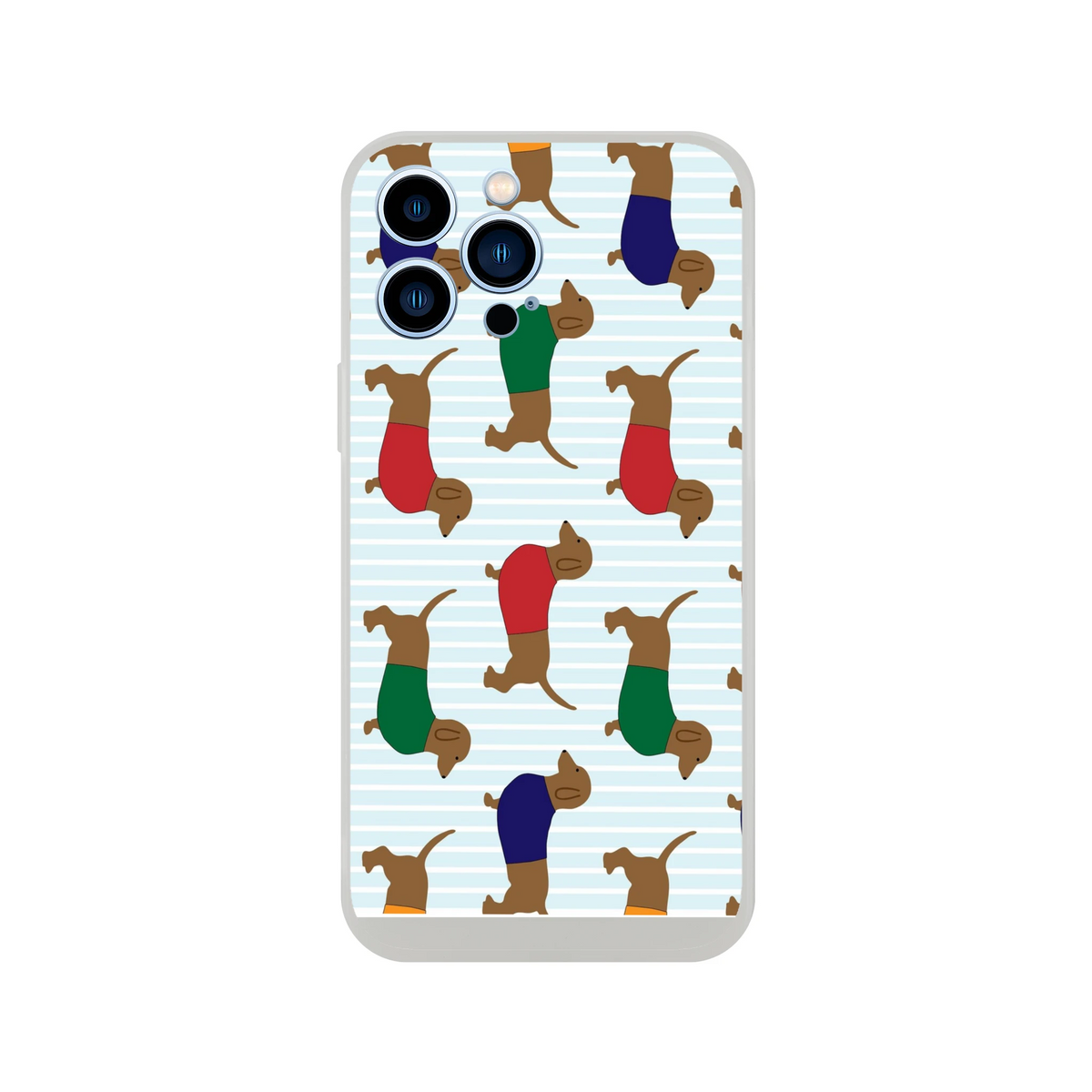 Sausage dog dachshund pattern iPhone case for 13-16, slim matte shell with dachshund silhouettes on blue stripes.