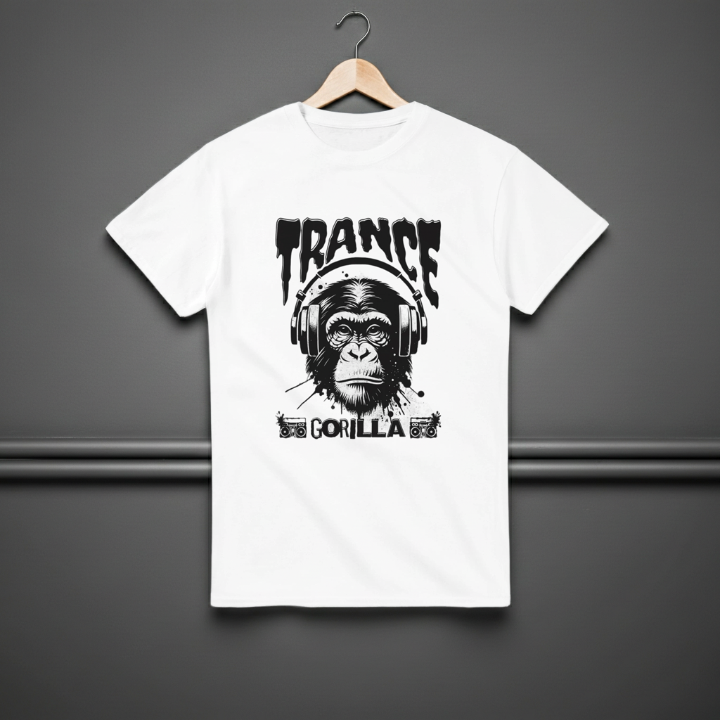 White t-shirt with a graphic of a gorilla wearing headphones and the text 'Trance Gorilla' on a gray background.