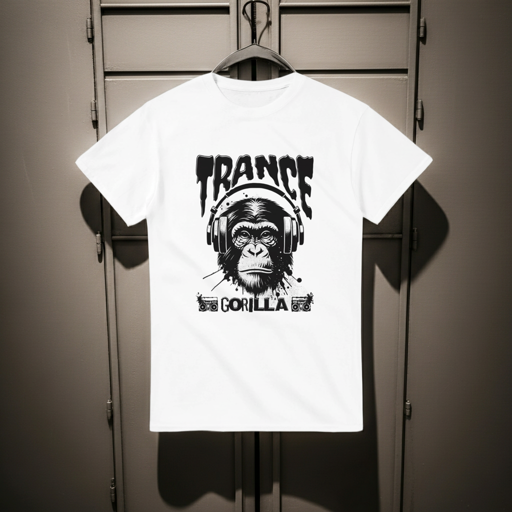 White t-shirt with a graphic design of a gorilla wearing headphones and the text 'Trance Gorilla' on a wooden background.