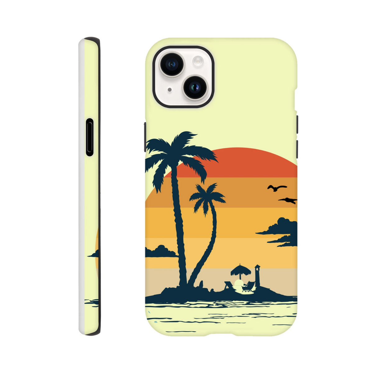 Retro Tropical Sunset Palm Tree Tough iPhone Case for iPhone 13-16 with wraparound palm design and drop protection