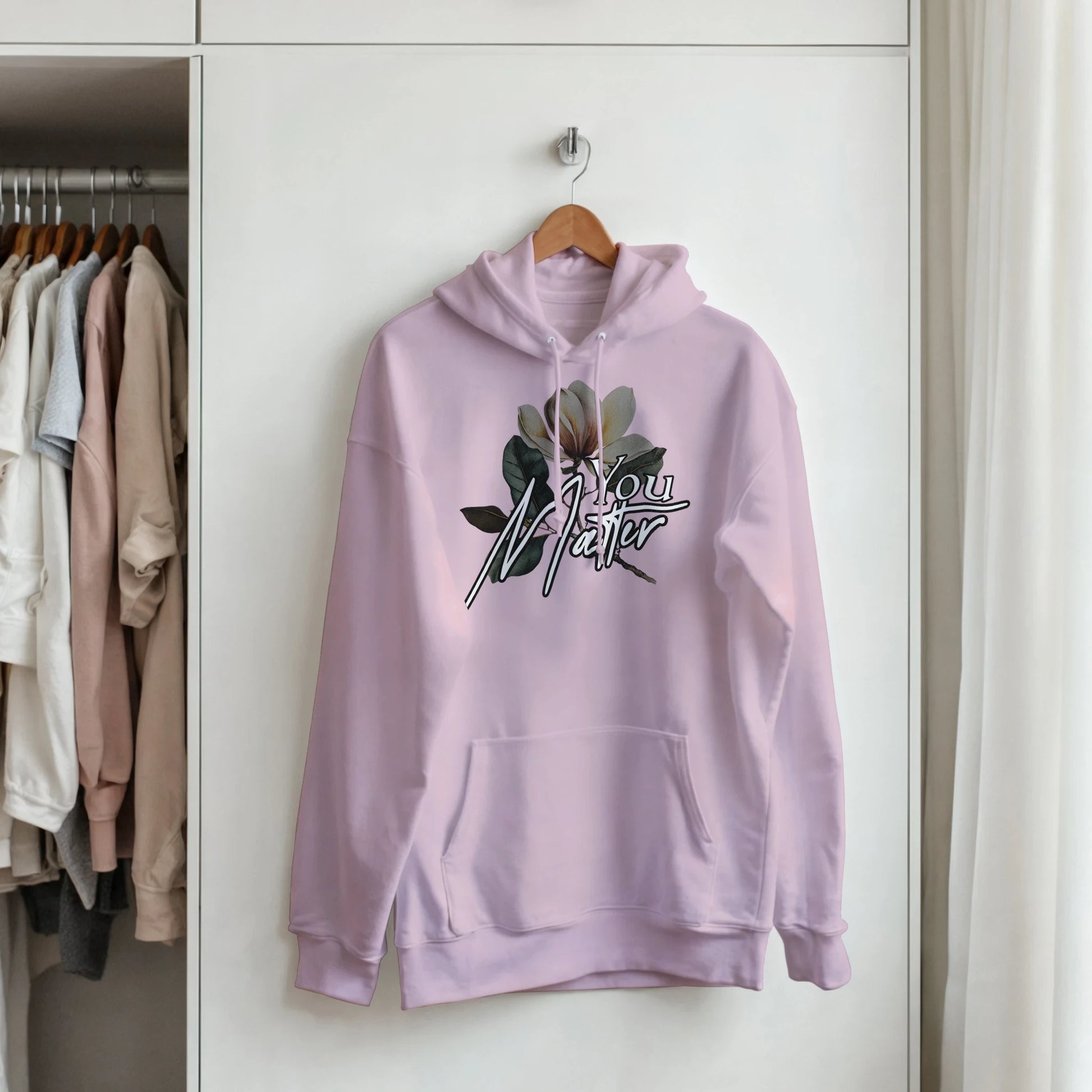 Lavender You Matter hoodie for men with floral graphic, drawstring hood and front pouch pocket, soft cotton blend.