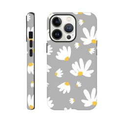 Grey iPhone case featuring white daisy floral pattern with yellow centers. Tough protective phone cover with botanical print design.