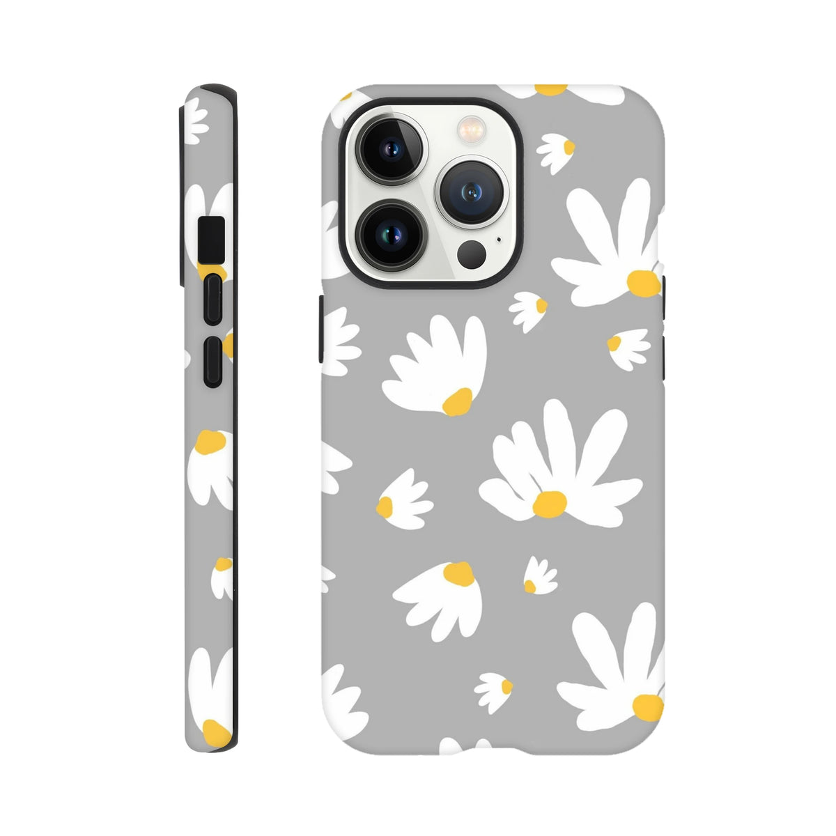 Grey iPhone case featuring white daisy floral pattern with yellow centers. Tough protective phone cover with botanical print design.