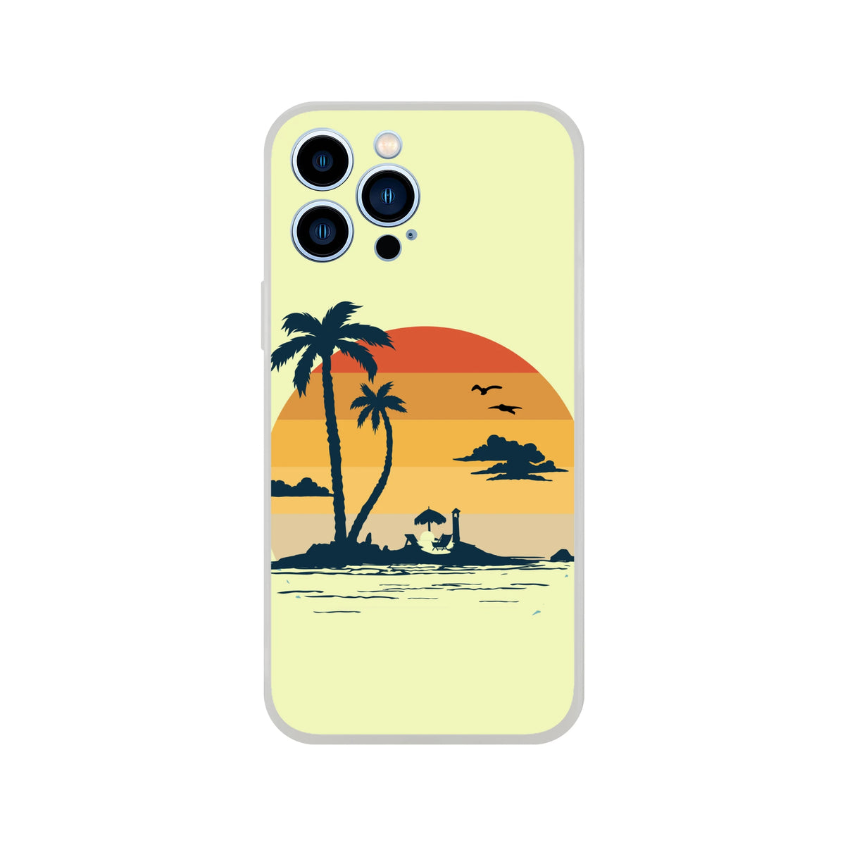 Retro Beach iPhone Case (13-16) featuring a palm tree sunset scene on pale yellow background.