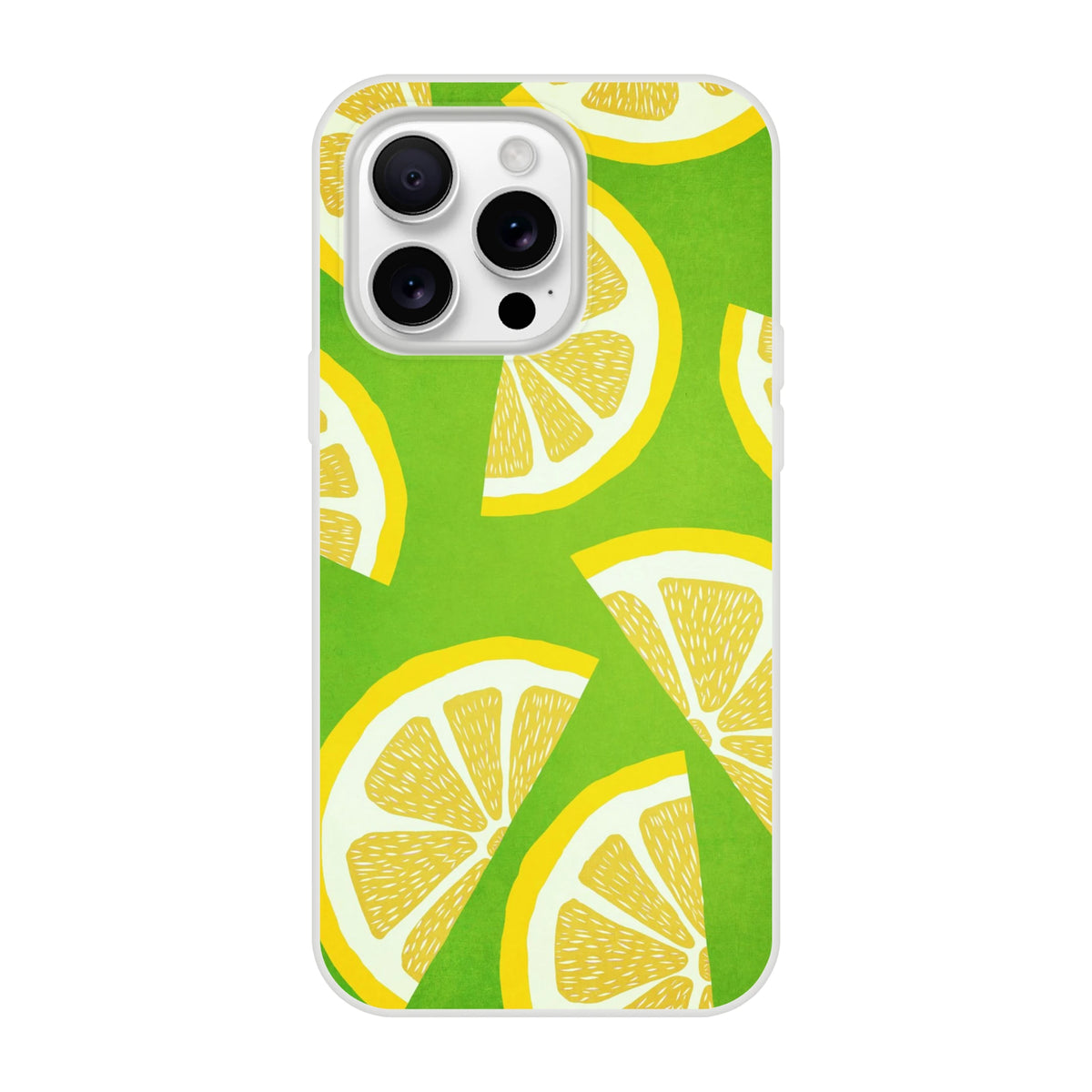 Citrus lemon-slice iPhone case on bright green background; fits iPhone 13–16.