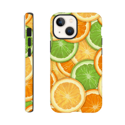 Vibrant orange and lime slice pattern phone case with shock-absorbing TPU protection for iPhone 13-16.