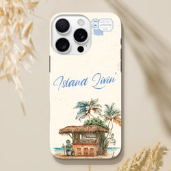 Island Beach Bar Tough iPhone Case features watercolor tiki hut art, "Island Livin'" text, and vintage stamp detail for iPhone 13-16.