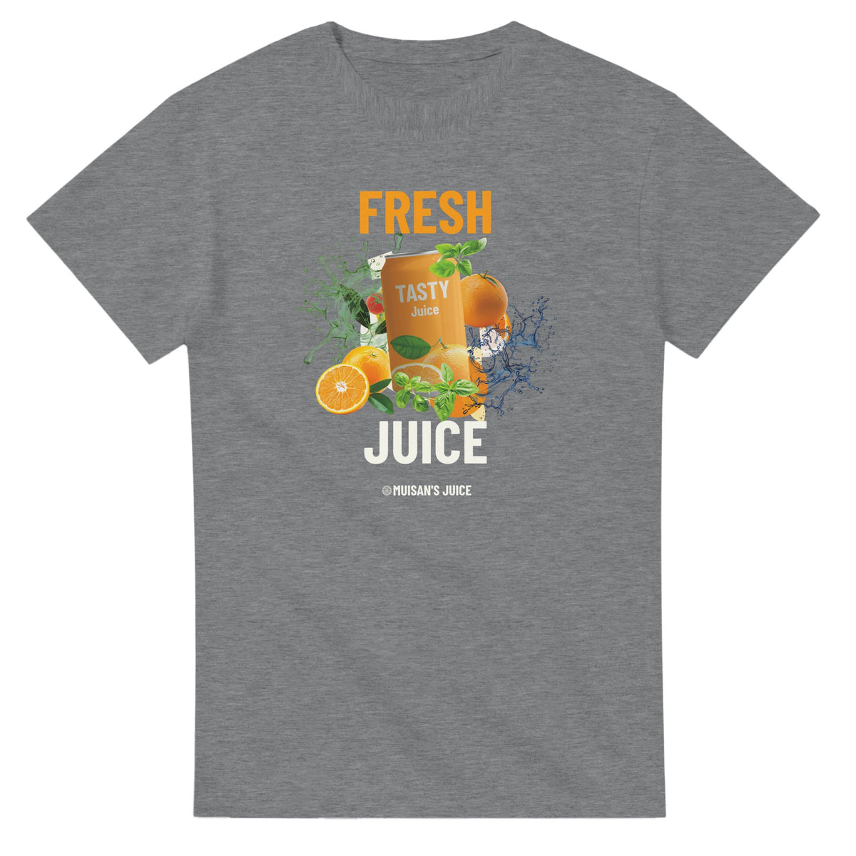 Fresh Juice women's graphic T-shirt featuring an orange juice can, citrus fruits and leafy splashes on a gray tee.
