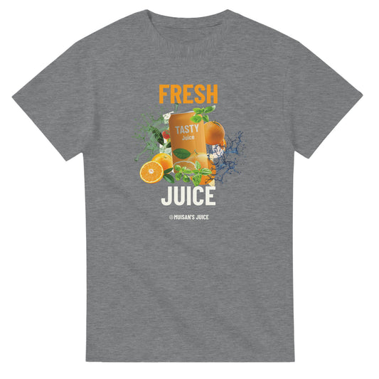 Fresh Juice women's graphic T-shirt featuring an orange juice can, citrus fruits and leafy splashes on a gray tee.