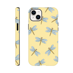 Yellow iPhone case featuring a watercolor dragonfly pattern with blue wings and amber bodies on a pale yellow background.