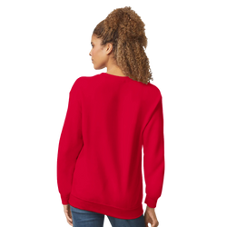 Back view of a women's red coquette aesthetic pullover sweatshirt featuring a soft crew neck and relaxed fit.