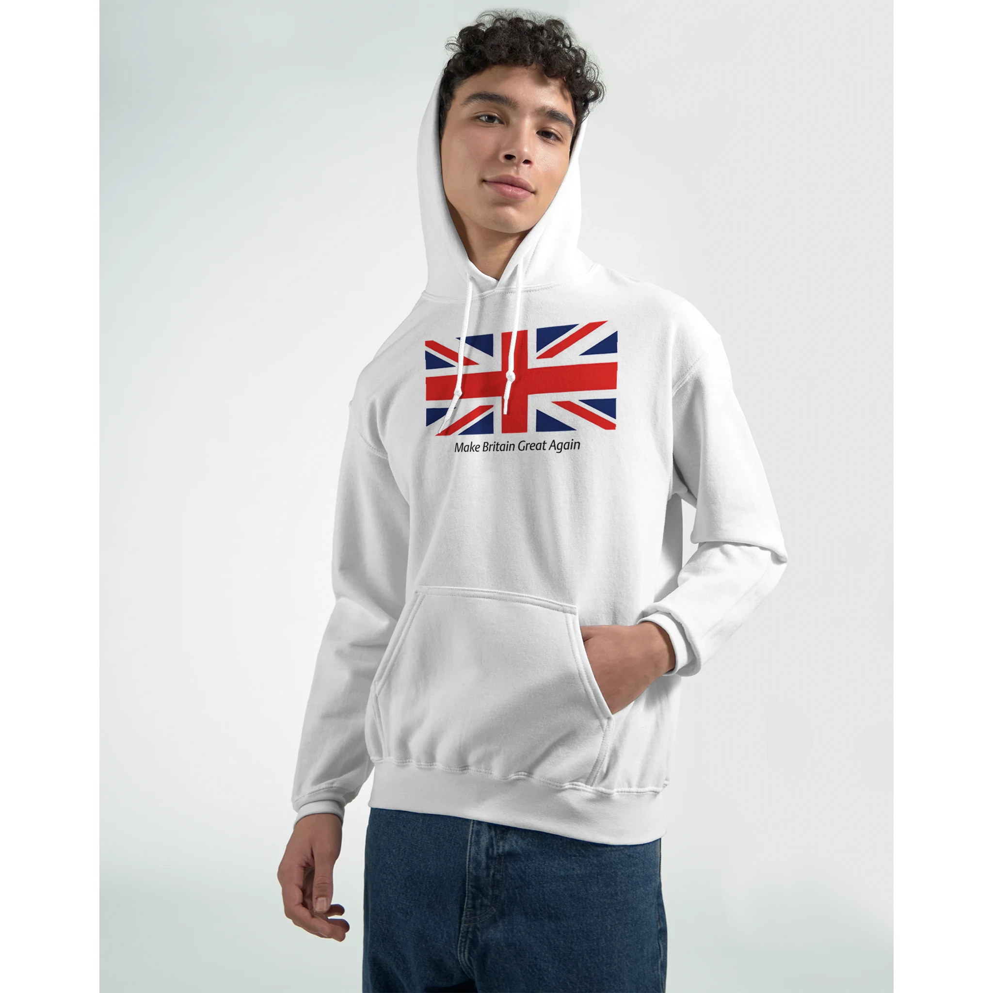 Men's Union Jack Hoodie, 50/50 cotton-poly, sizes S to XL, bold Union Jack graphic with Make Britain Great Again text
