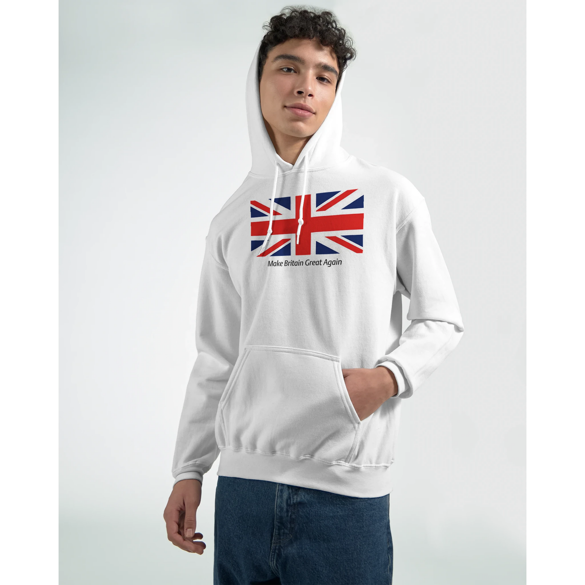 Person wearing a white men's union jack hoodie on a plain background. 10