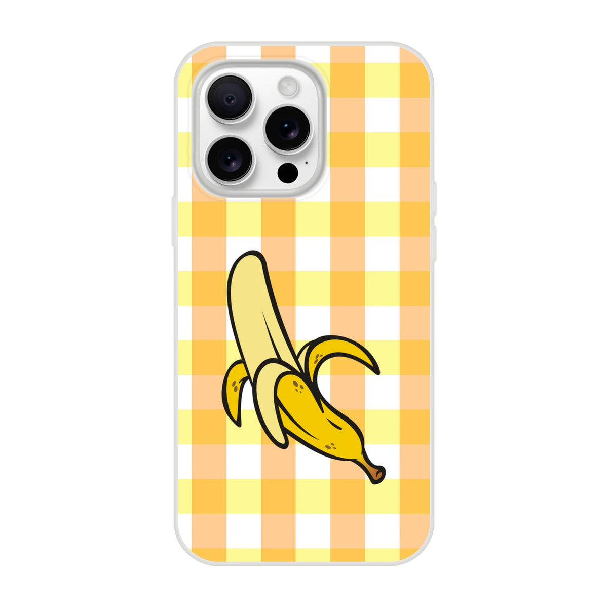 Banana-gingham yellow iPhone case for iPhone 13–16, bold streetwear-style protective cover with a banana graphic.