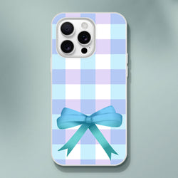 Blue gingham bow iPhone case (13-16) in a cute coquette pastel aesthetic with a printed bow.