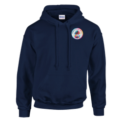 Navy blue hoodie featuring a colorful circular Urban Palm Trees graphic on the chest.
