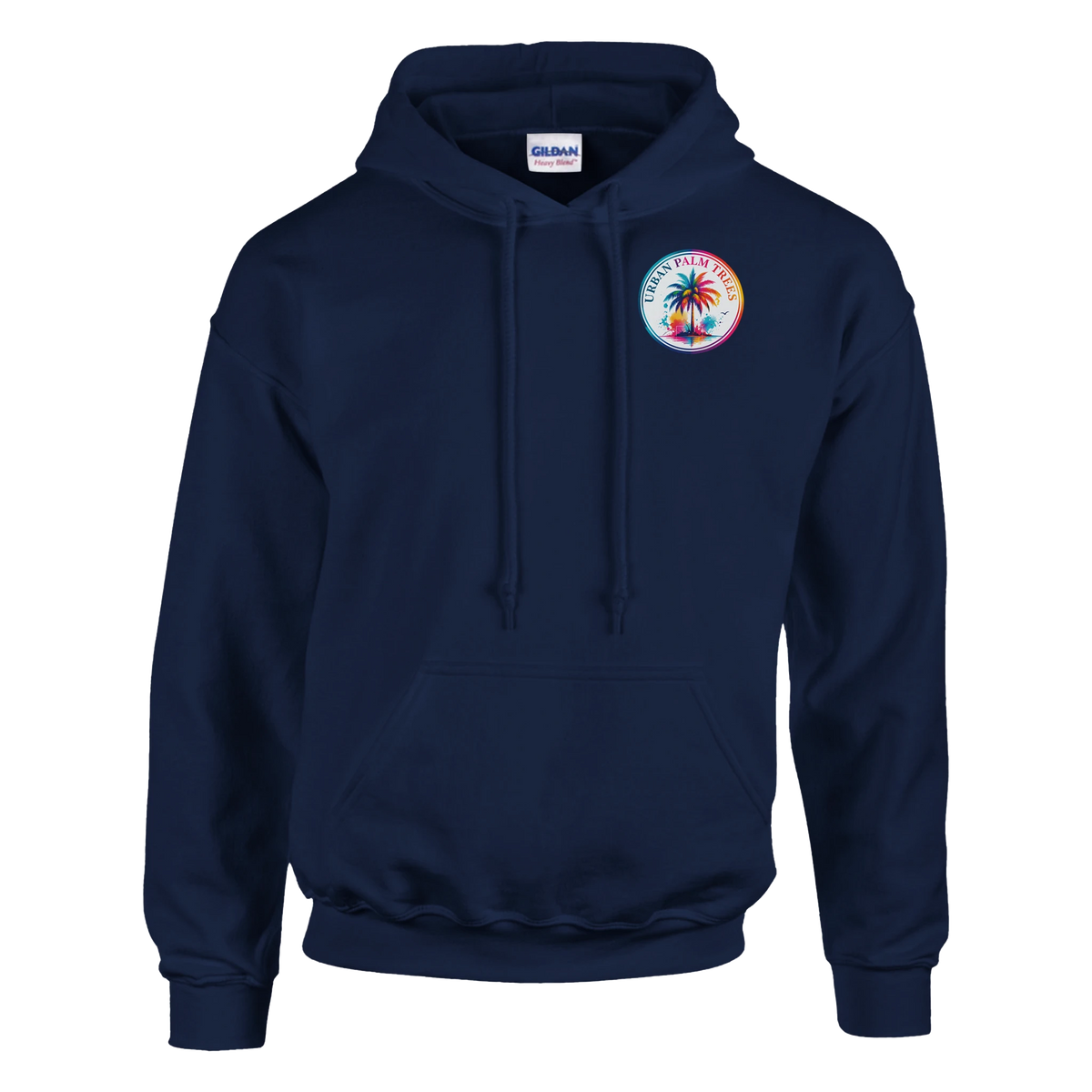 Navy blue hoodie featuring a colorful circular Urban Palm Trees graphic on the chest.