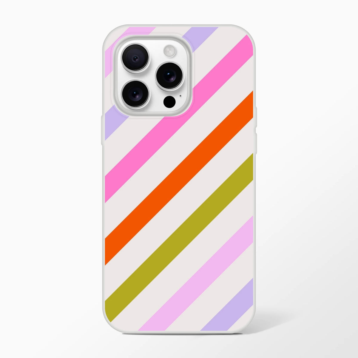 Pastel rainbow diagonal striped iPhone case for 13-16 with slim profile and matte finish.